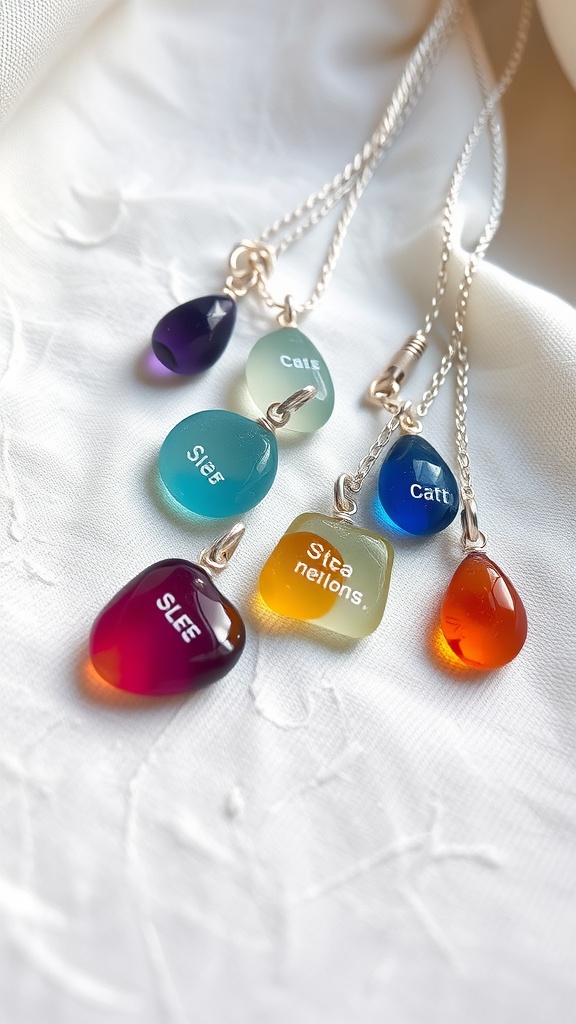 Colorful sea glass jewelry pieces on a soft fabric background.