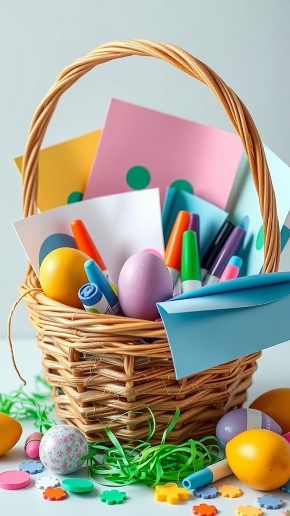 A wicker basket filled with crafting supplies like markers, colorful papers, and plastic eggs.