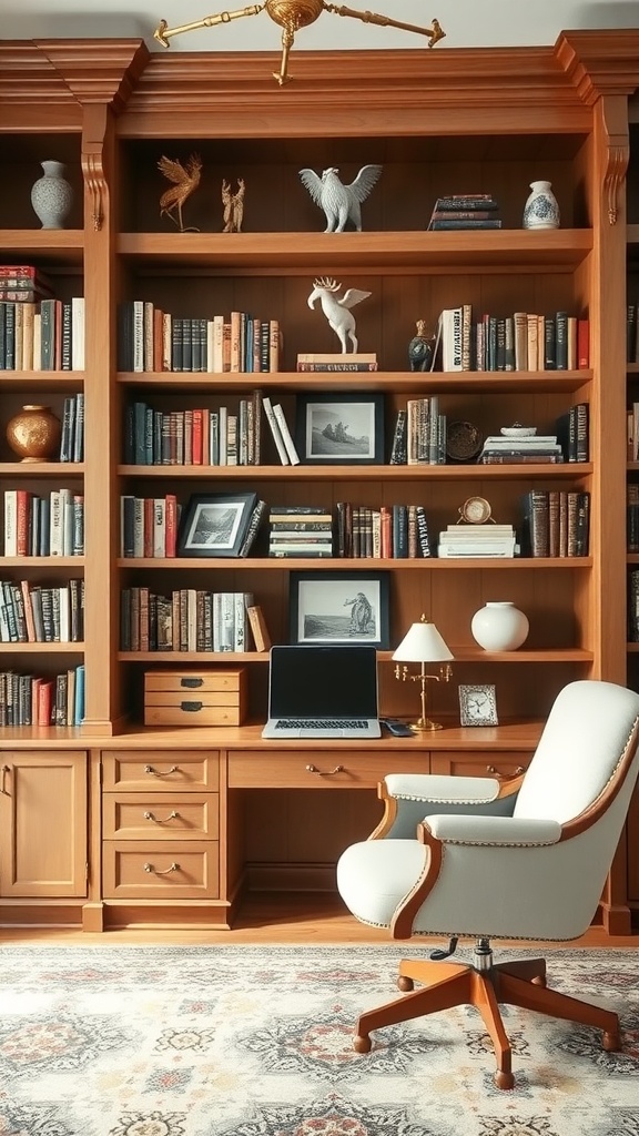 Craftsman-style built-in bookshelves with a cozy workspace