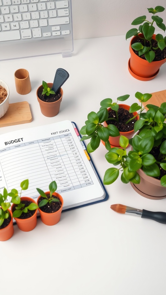 A workspace with a budget sheet, small potted plants, and gardening tools.