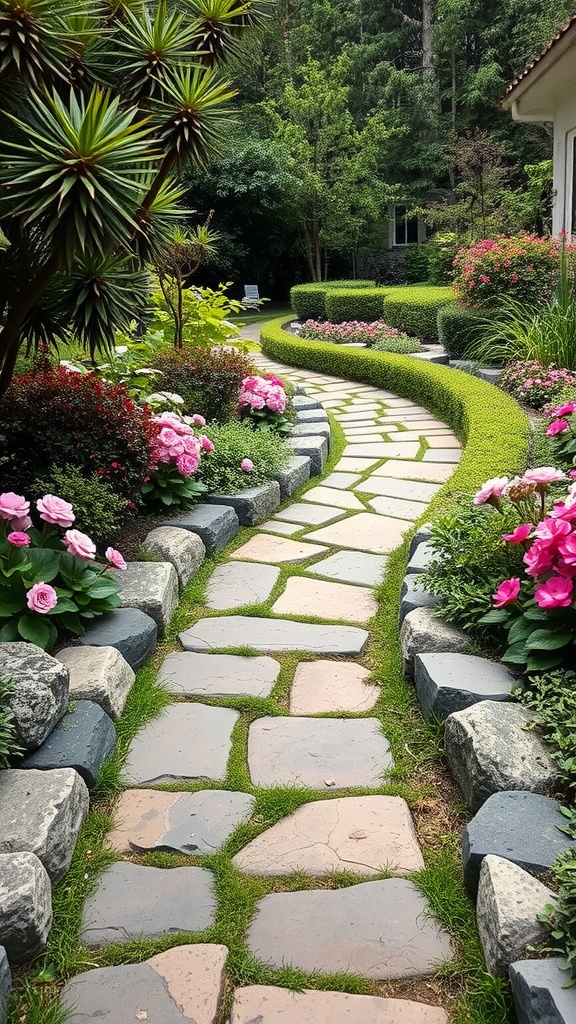 A beautiful garden pathway made of natural stones surrounded by colorful flowers and greenery.