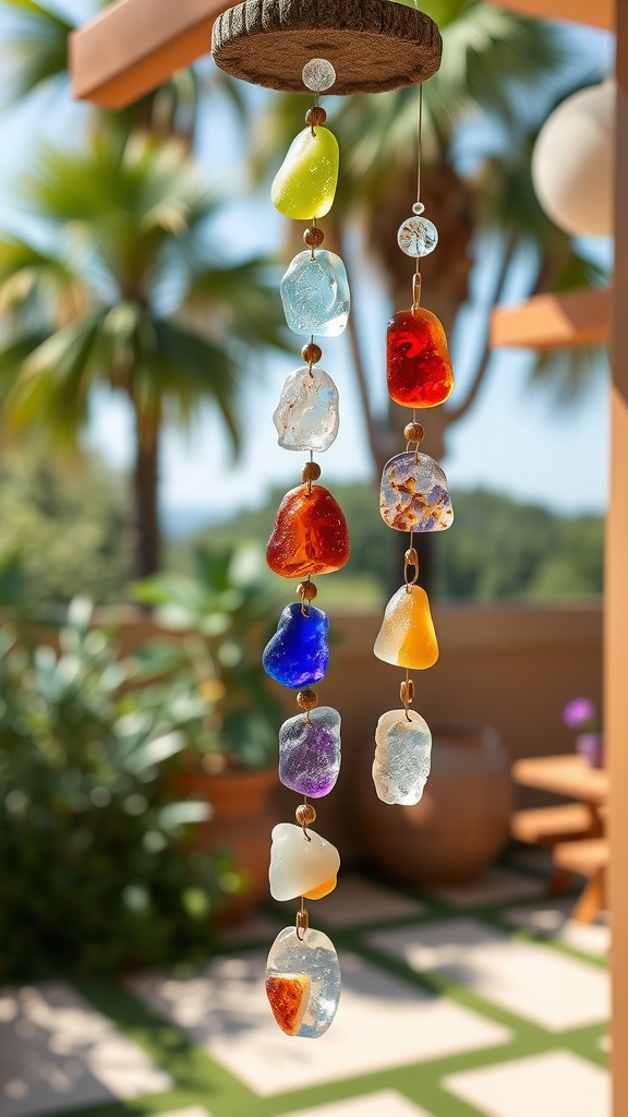 A colorful sea glass wind chime hanging outdoors with palm trees in the background.