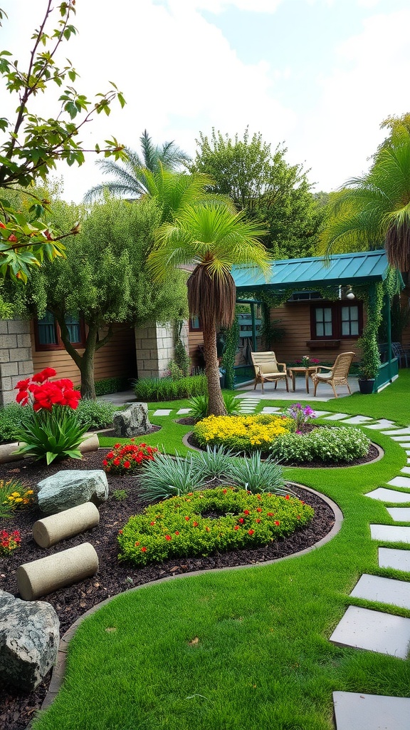 A beautifully landscaped garden featuring various plants, flowers, and seating areas.