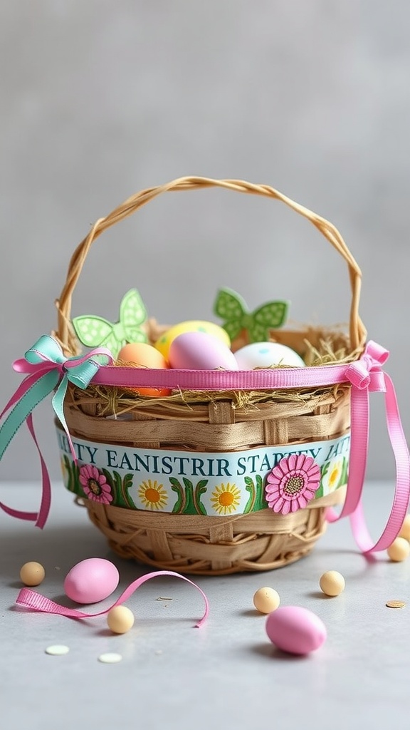 Colorful DIY Easter basket with plastic eggs and decorative ribbons