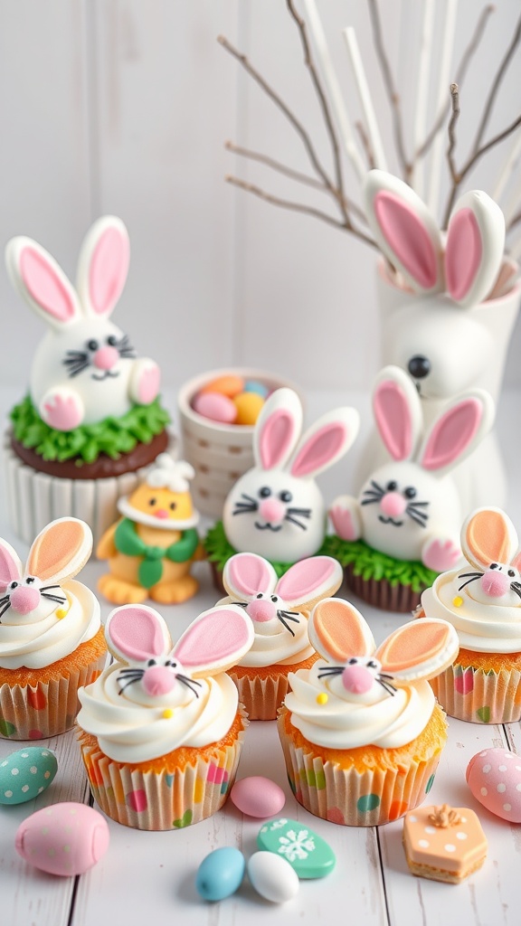 A variety of Easter Bunny-themed cupcakes and treats, including bunny cake pops and colorful eggs, perfect for an Easter celebration.