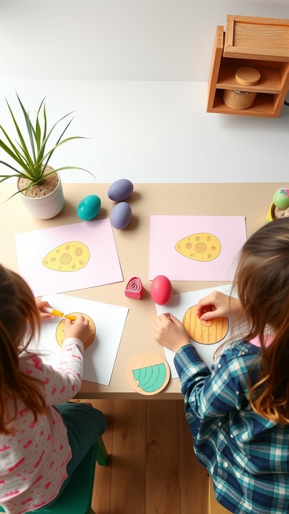 Children making colorful egg stamps for Easter crafts