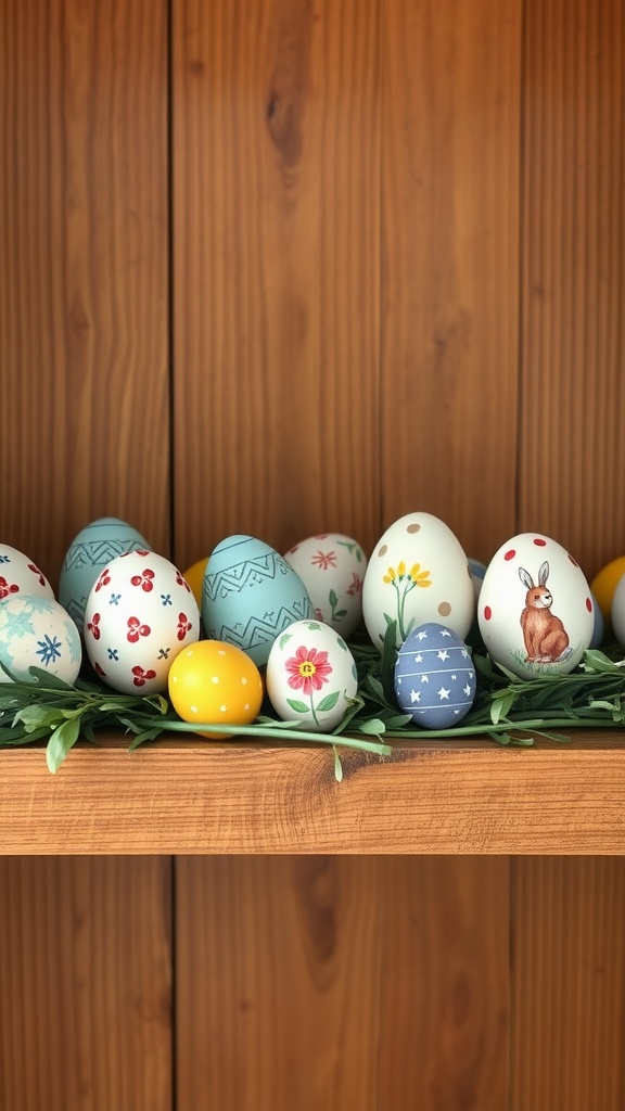 A decorative display of colorful Easter eggs on a wooden shelf with greenery.