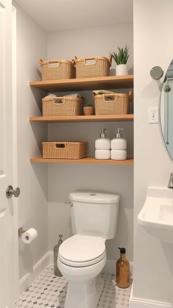 A modern bathroom with floating shelves holding woven baskets and decorative items.