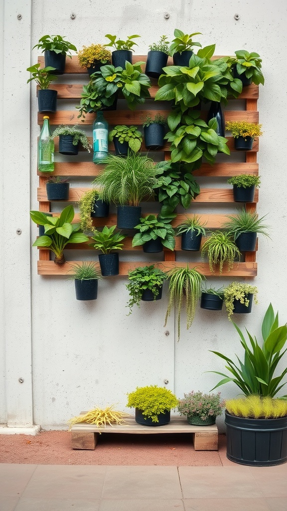 A wall-mounted plant display made from recycled materials, featuring various green plants in black pots and decorative elements.