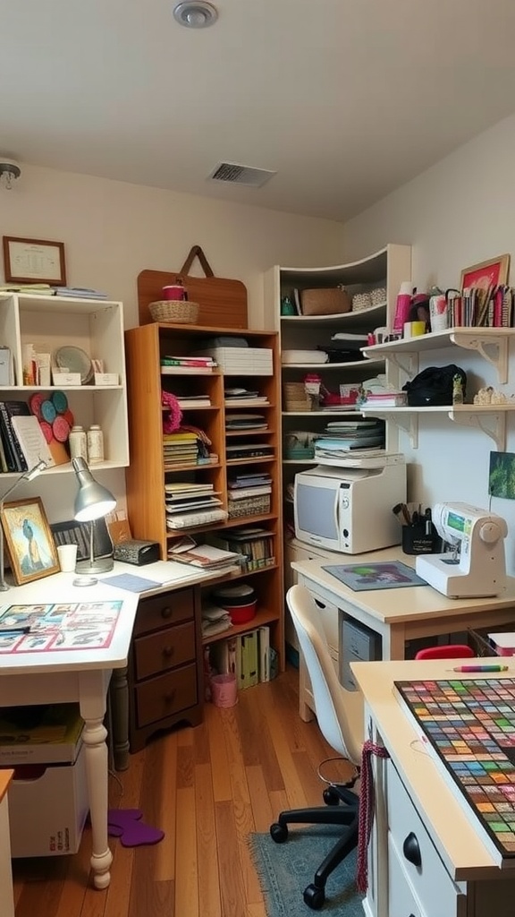 A cozy craft room featuring two workstations, storage shelves, and crafting supplies.