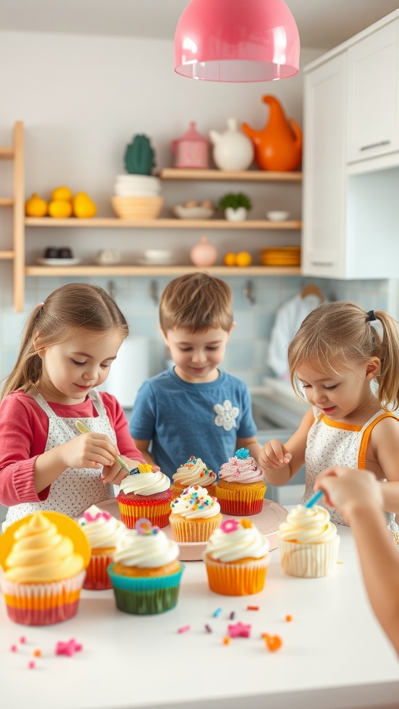 Children decorating colorful cupcakes with sprinkles and icing in a bright kitchen