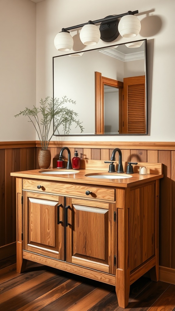 Custom-built wood bathroom vanity with natural stain, double sinks, and rustic decor