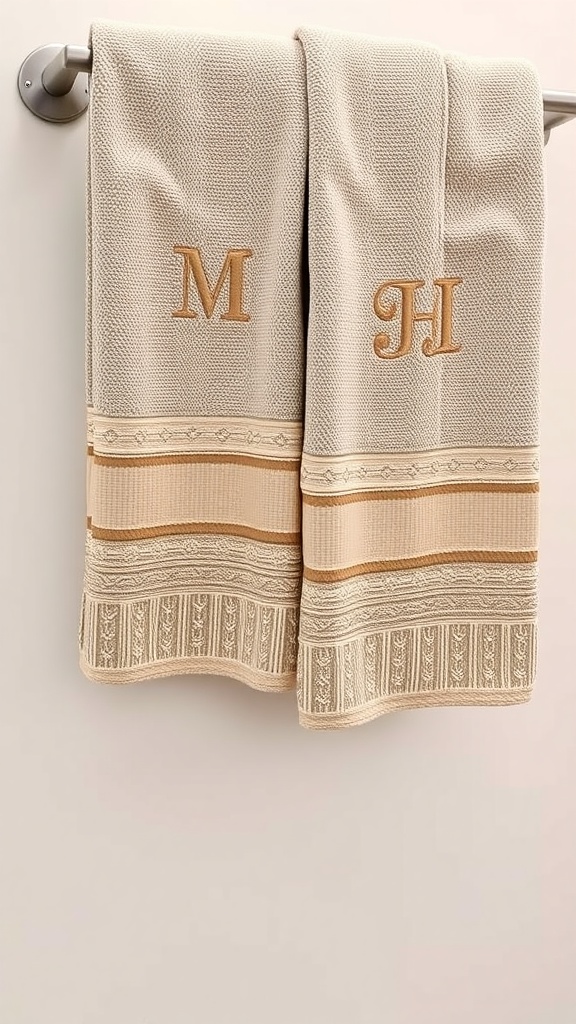 Customized towels with initials hanging on a rack