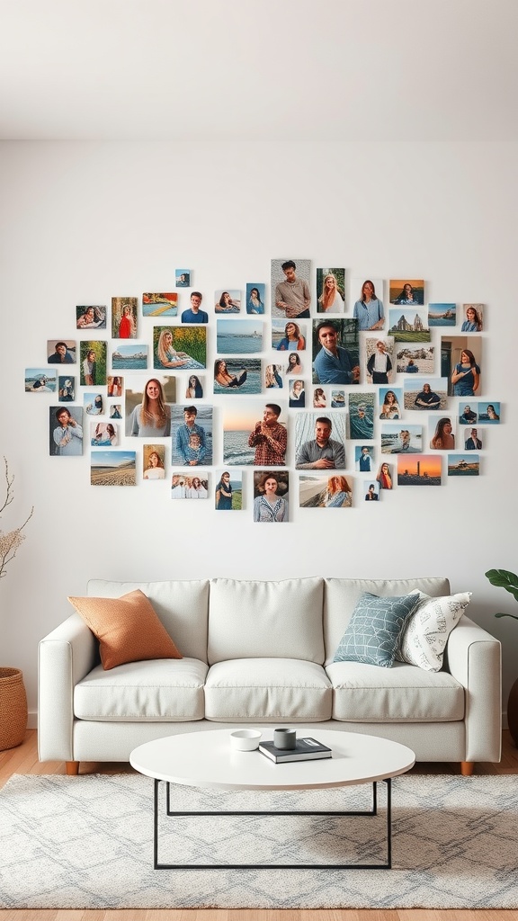 A cozy living room with a wall decorated with various personal photos, showcasing happy moments and beautiful landscapes.