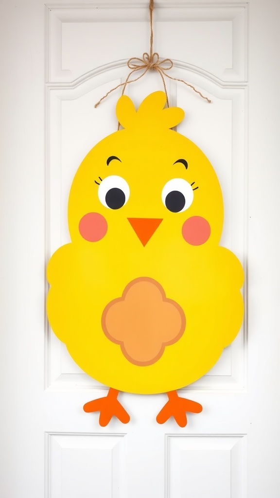 A bright yellow chick door hanger with large eyes and rosy cheeks, hanging on a door.