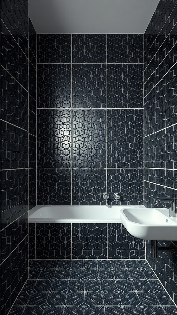 A small bathroom featuring dark patterned tiles on the walls and floor.