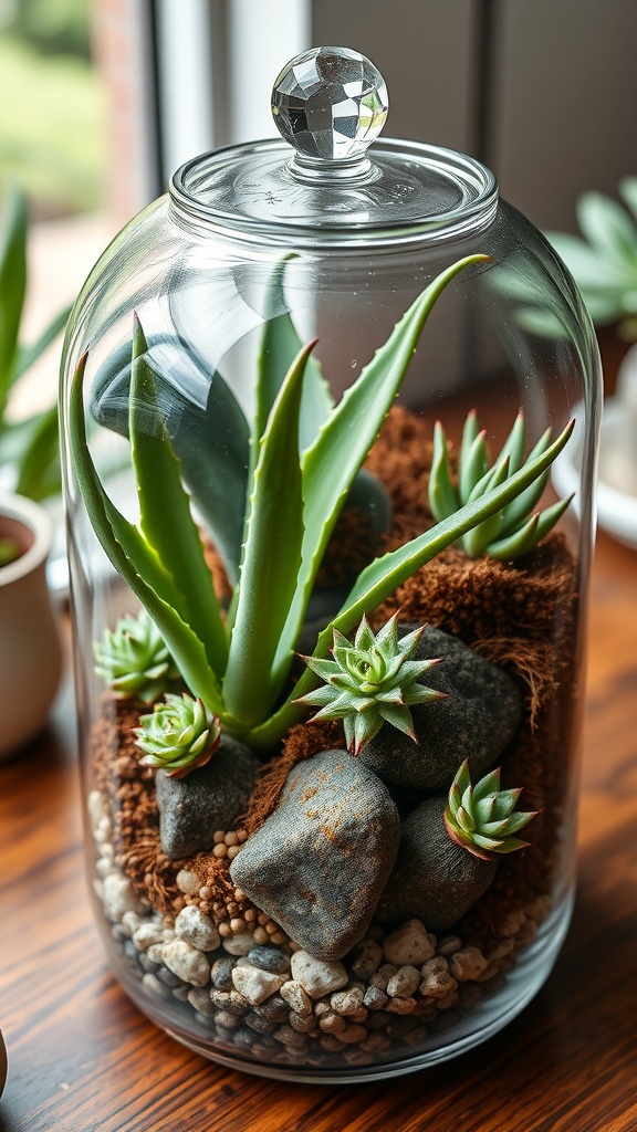 Aloe vera plants arranged in a decorative glass terrarium with stones.