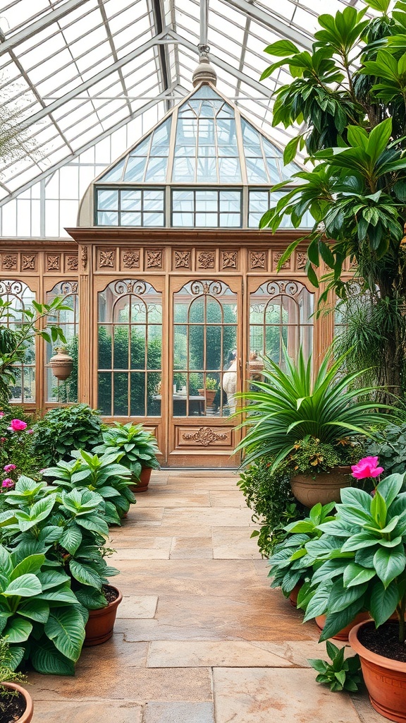 Interior view of a decorative greenhouse with vibrant plants and wooden features.