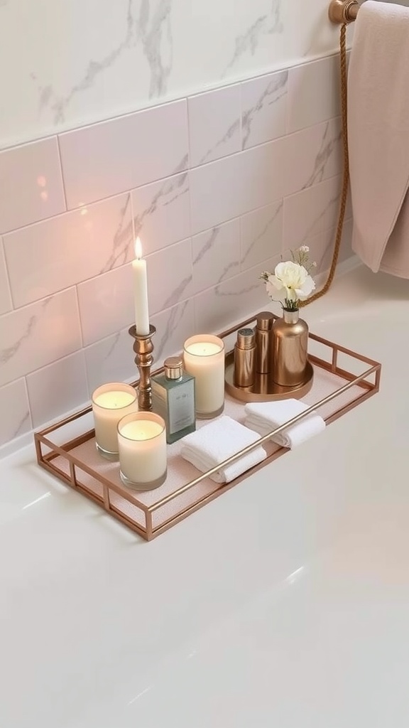 Decorative bath tray with candles and essentials