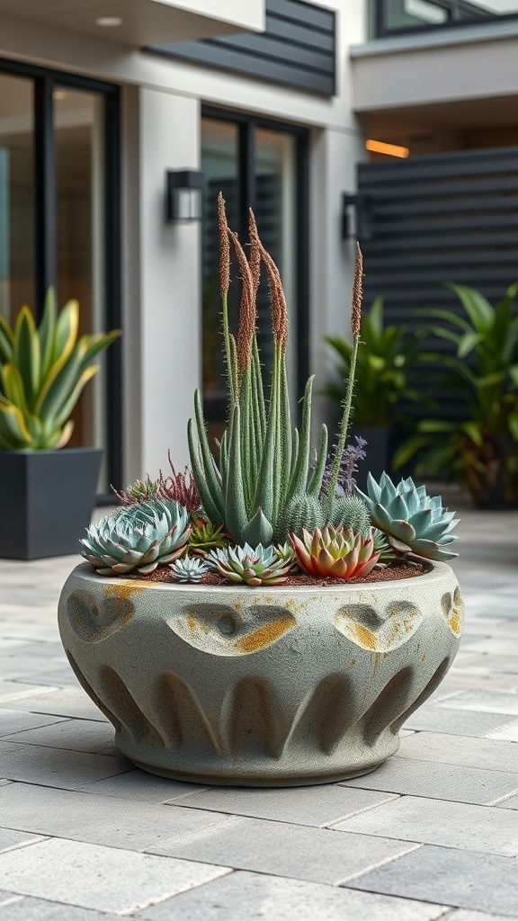 A decorative concrete planter filled with various succulents, showcasing an artistic design.