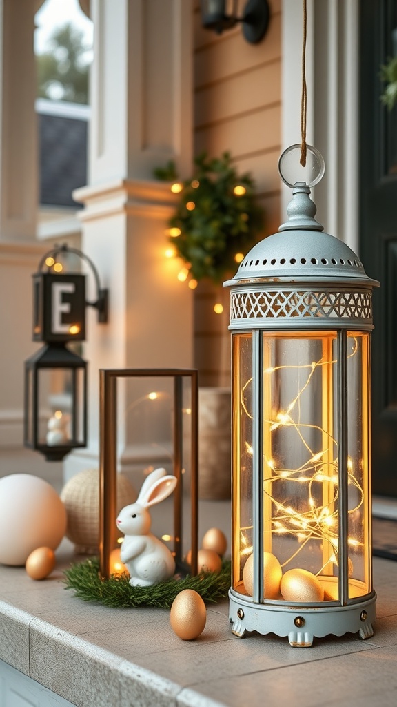 A decorative porch setup with glowing lanterns, Easter eggs, and a bunny figurine.