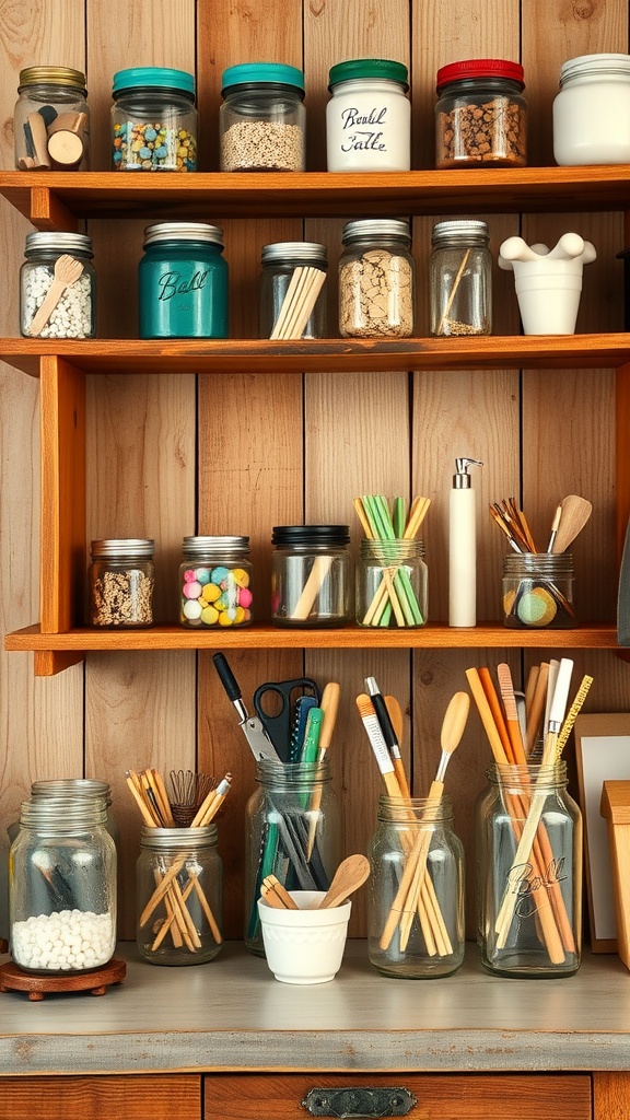 A wooden shelf filled with colorful mason jars, organized for craft storage.