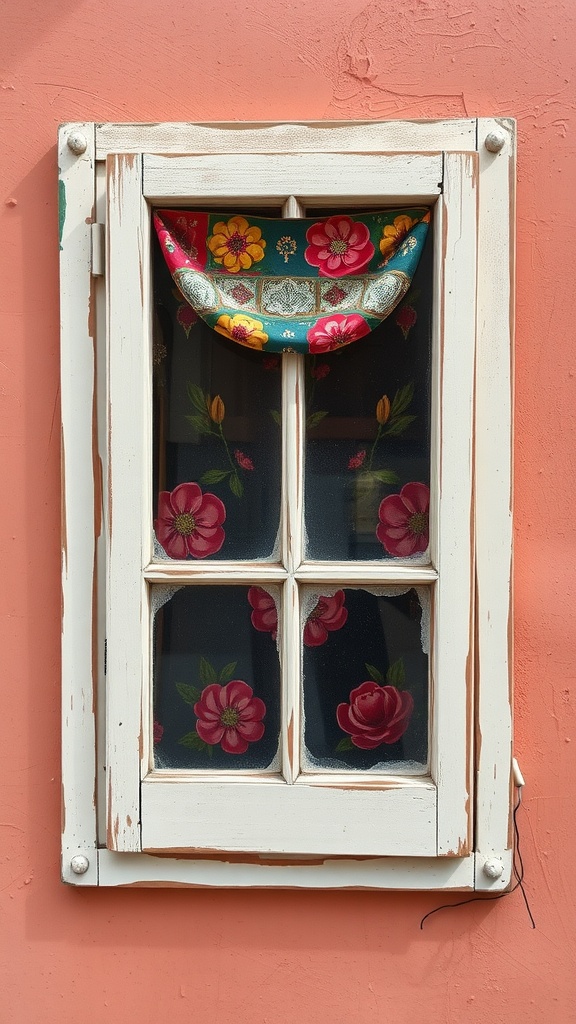 Old window frame with floral fabric and painted flowers.