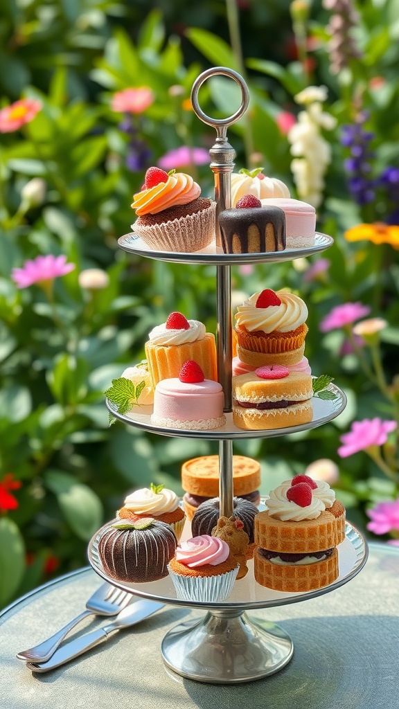 A tiered stand displaying an assortment of colorful pastries and cupcakes in a garden setting.