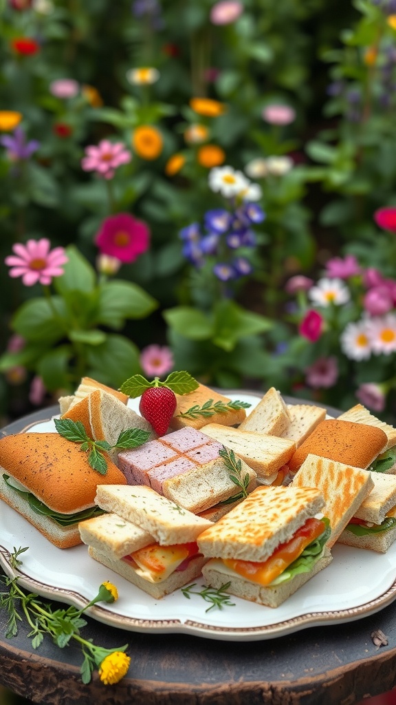 A beautiful assortment of miniature sandwiches on a plate with colorful flowers in the background.