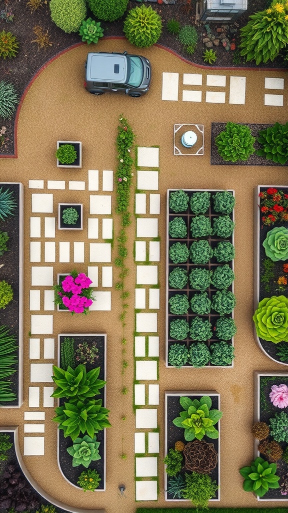 An aerial view of a well-organized garden layout with paths, diverse plants, and a car parked nearby.