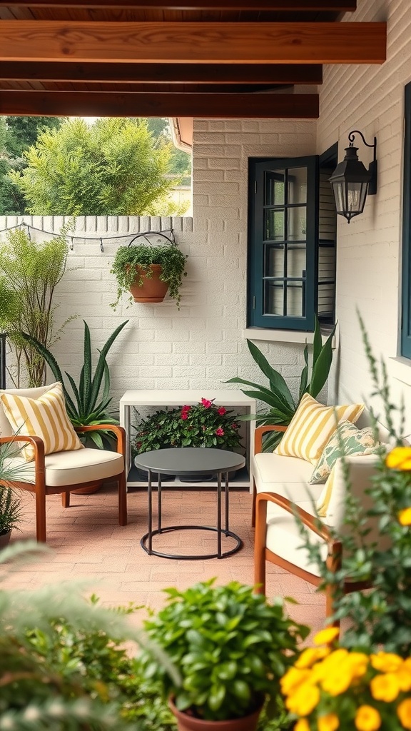 Cozy outdoor seating area with two chairs, a small table, and plants.