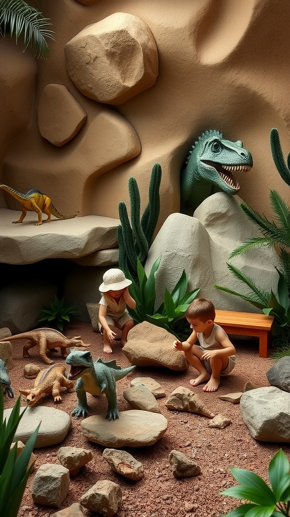 Children playing in a cave-like space with dinosaur toys and rocks.