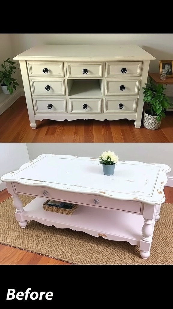 Before and after image of a distressed furniture makeover showing a coffee table.