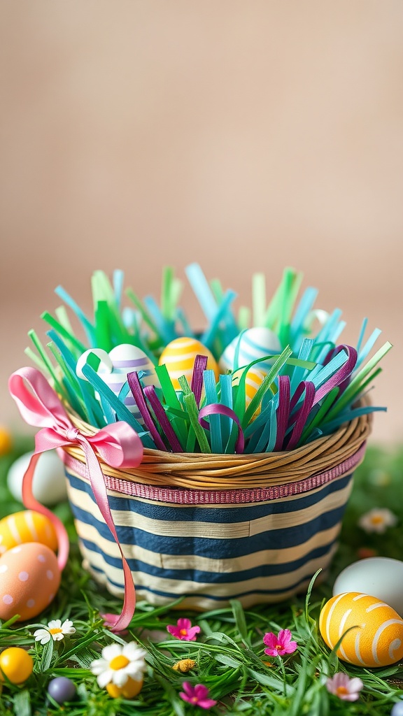 Colorful DIY Easter basket filled with eggs and decorative grass.