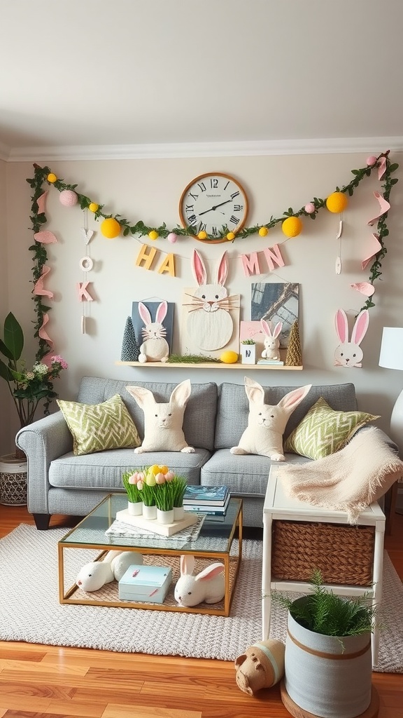 A living room decorated with DIY Easter Bunny decorations, featuring bunny pillows, a colorful garland, and a floral centerpiece.