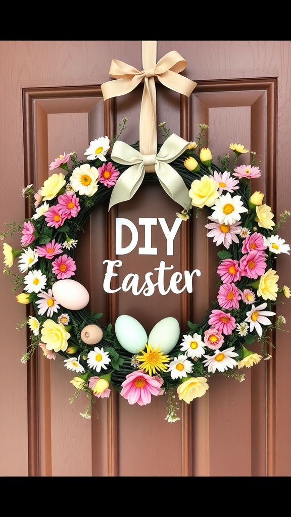 A colorful DIY Easter wreath decorated with flowers and eggs.