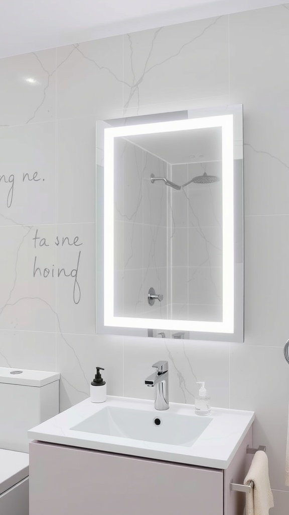 A modern bathroom with a floating vanity and illuminated mirror.