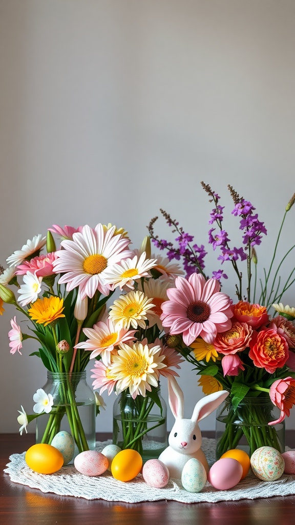 Colorful flower arrangements with daisies and roses, decorated Easter eggs, and a bunny figure.