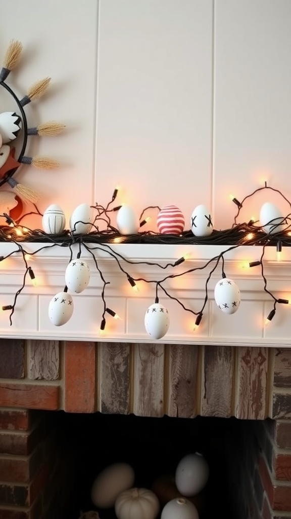 A mantel decorated with a DIY painted egg garland and warm lights.