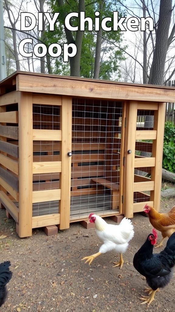 A DIY chicken coop made from pallets with chickens walking around.