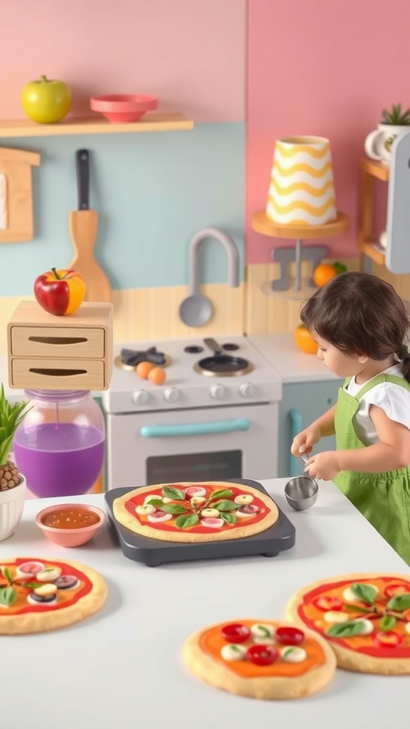 A child making pizza in a colorful toy kitchen, surrounded by various pizza creations.