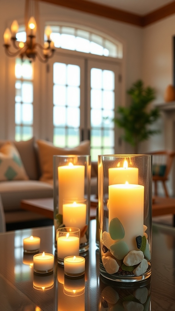 A cozy living room scene featuring sea glass candle holders with lit candles.