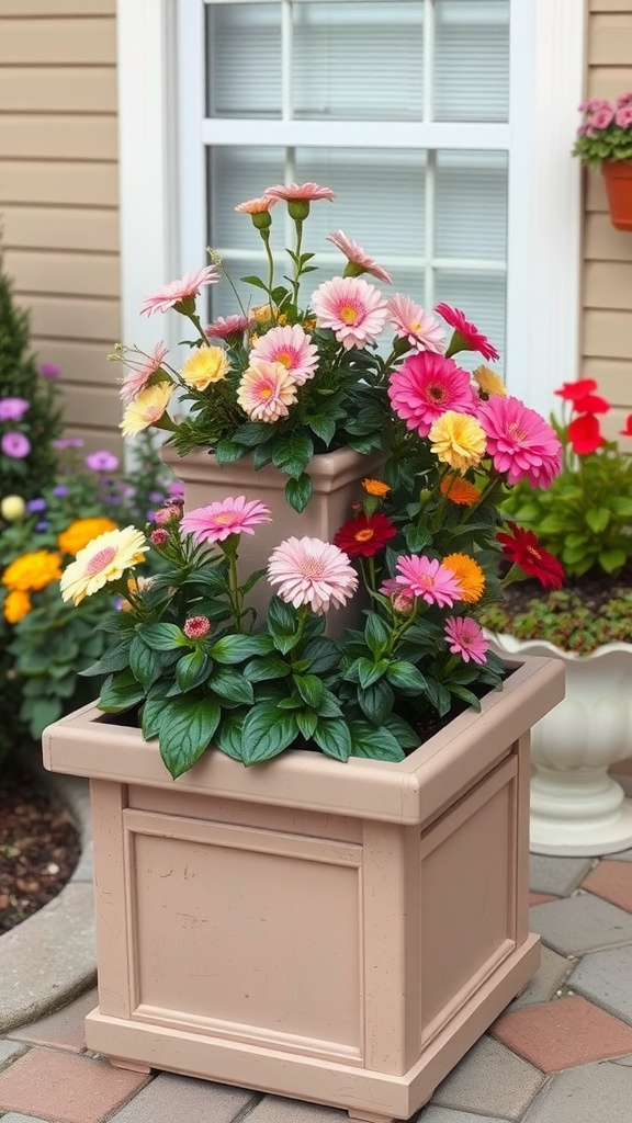 A tiered planter box filled with colorful flowers, showcasing a blend of pink, yellow, and white blooms.