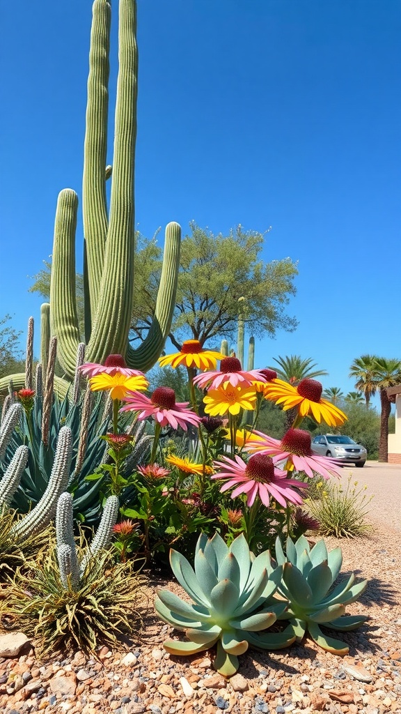 Colorful drought-tolerant flowers and cacti in a sunny garden.