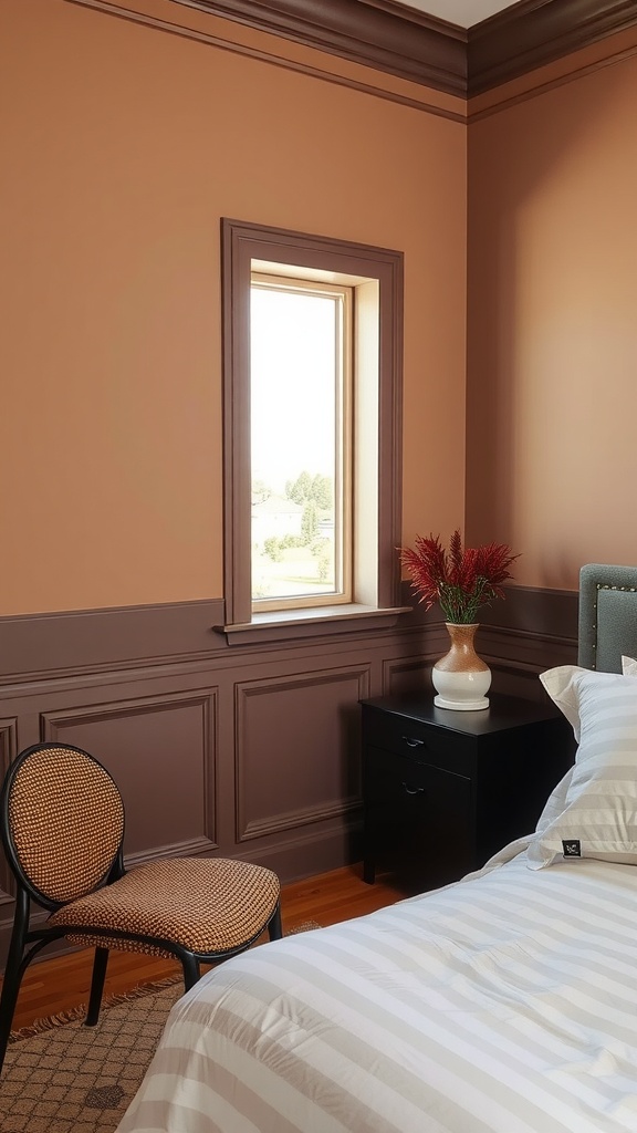 A cozy room featuring earthy taupe walls with a bold accent color and a stylish chair.