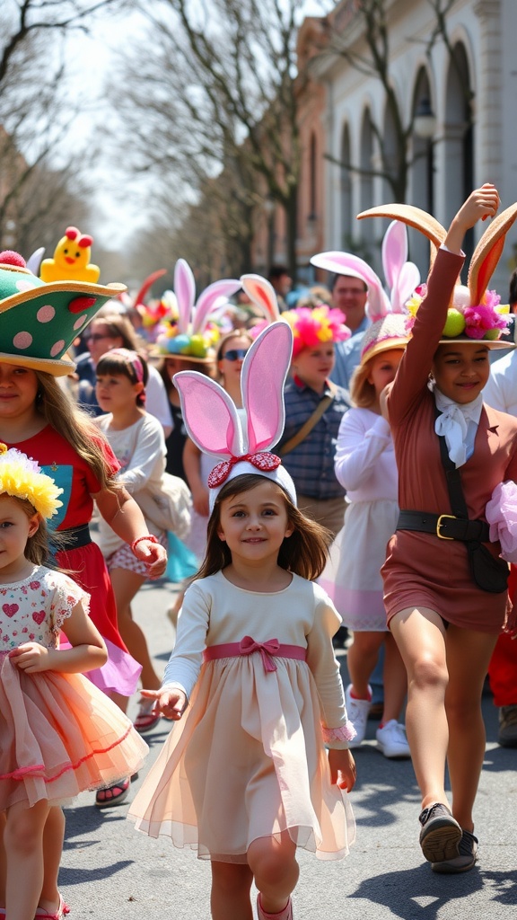 A lively Easter Bonnet Parade featuring children in colorful outfits and festive hats.