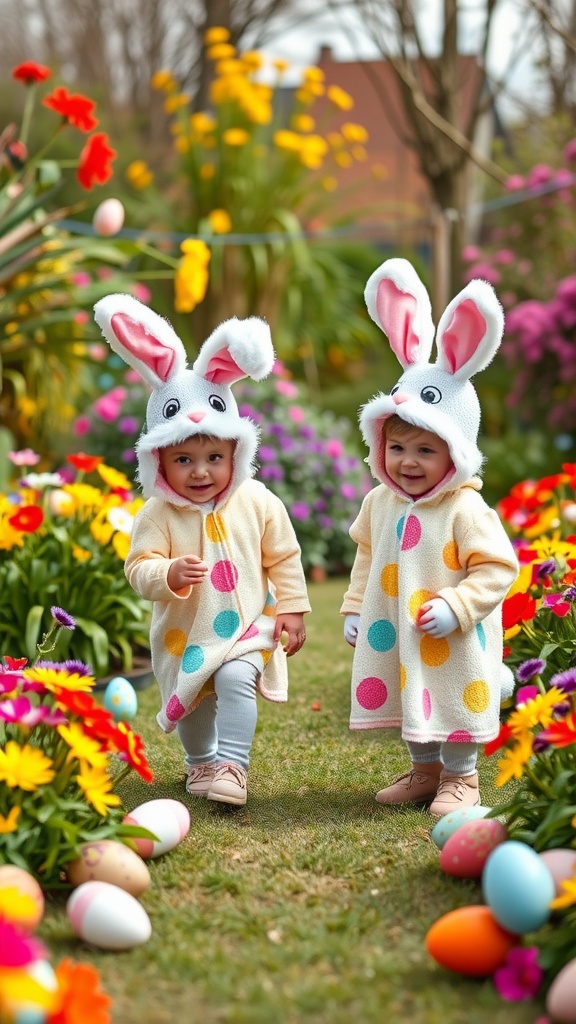 Two toddlers dressed in bunny costumes with colorful polka dots, surrounded by flowers and Easter eggs.