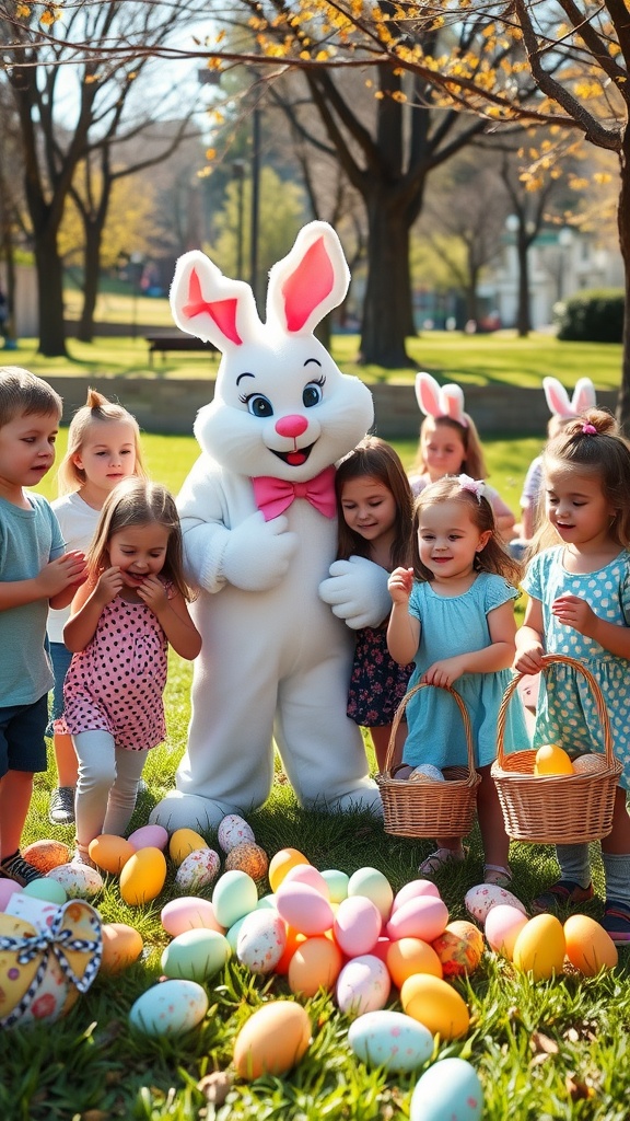 Children with baskets gather around a friendly Easter Bunny among colorful eggs in a park.