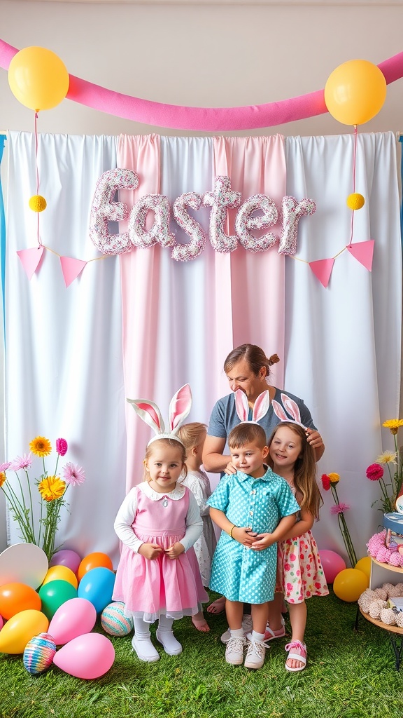 A joyful Easter photo booth with children wearing bunny ears, colorful decorations, and an 'Easter' sign.