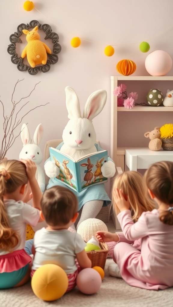 Easter Bunny reading a story to children in a cozy setting